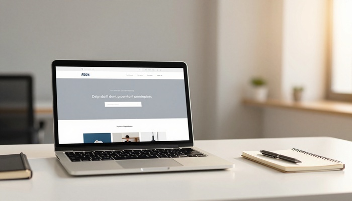 Open laptop with clean website layout on desk | لپ‌تاپ باز با چیدمان تمیز سایت روی میز