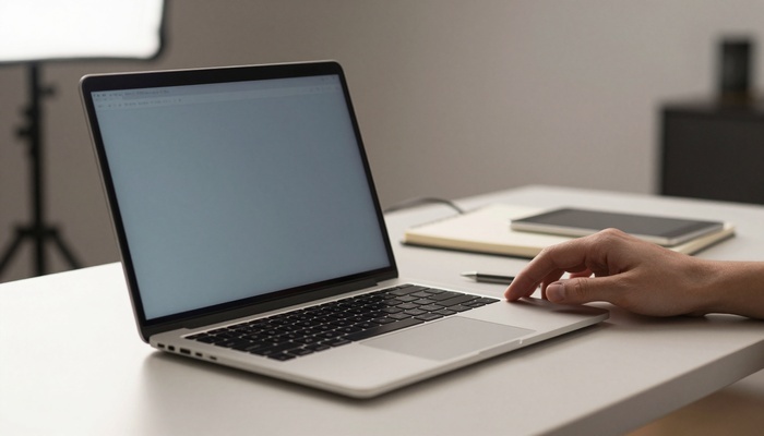 Laptop on a desk with a hand nearby and abstract loading visuals on screen | لپ‌تاپ روی میز با دستی در کنار آن و نمایش بصری بارگذاری روی صفحه