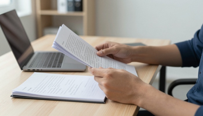 Editor checking notes beside a laptop and printed pages on a desk | ویراستار در حال بررسی یادداشتها کنار لپتاپ و برگههای چاپی