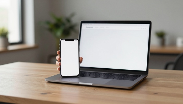 Person comparing a website on a smartphone and laptop at a wooden desk | فردی در حال مقایسه سایت روی گوشی و لپ‌تاپ روی میز چوبی