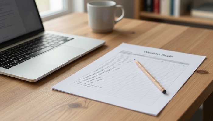 Printed website analysis checklist beside laptop showing site audit notes | چک‌لیست تحلیل سایت کنار لپ‌تاپ با یادداشت‌های ممیزی سایت