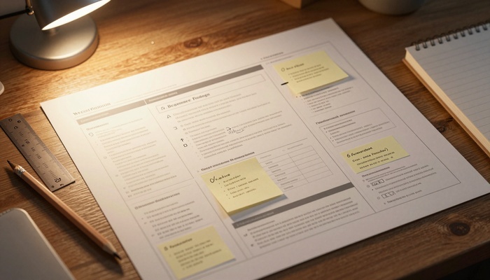 A cluttered website homepage wireframe with many boxes and notes on a desk under warm light | وایرفریم صفحه‌اول سایت شلوغ با باکس‌های زیاد و یادداشت‌ها روی میز