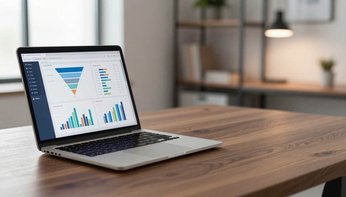 Laptop on desk with charts beside notebook and coffee | لپ‌تاپ روی میز با نمودارها کنار دفترچه و فنجان قهوه