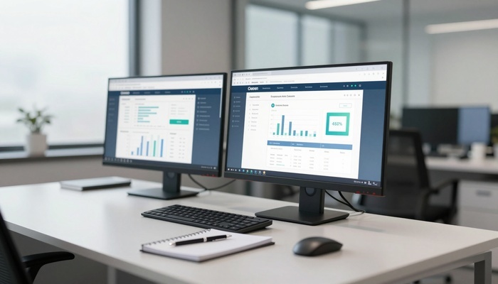 دو مانیتور با نمودارهای ساده روی میز و فردی در حال یادداشت‌برداری | Two monitors with simple charts on a desk and a person taking notes