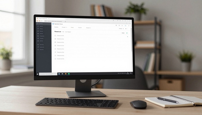 Computer monitor showing a WordPress dashboard with a plugin list open, keyboard and notebook on desk | مانیتور با پیشخوان وردپرس و فهرست افزونه‌ها روی میز کار