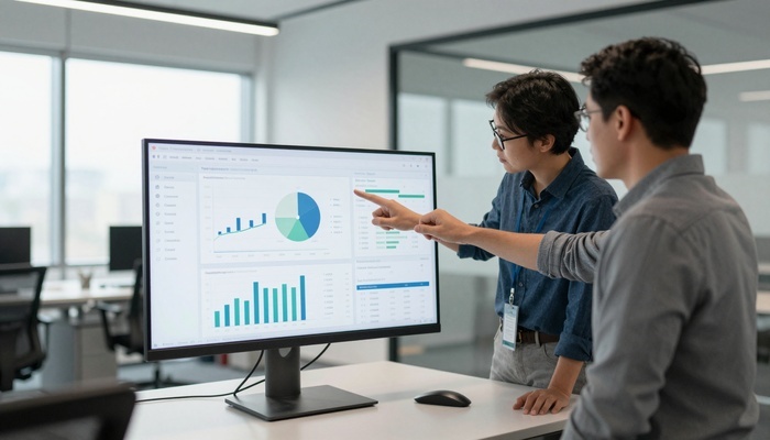 Two people looking at analytics charts on a large monitor in an office | دو نفر در حال نگاه به نمودارهای آمار سایت روی مانیتور بزرگ در دفتر
