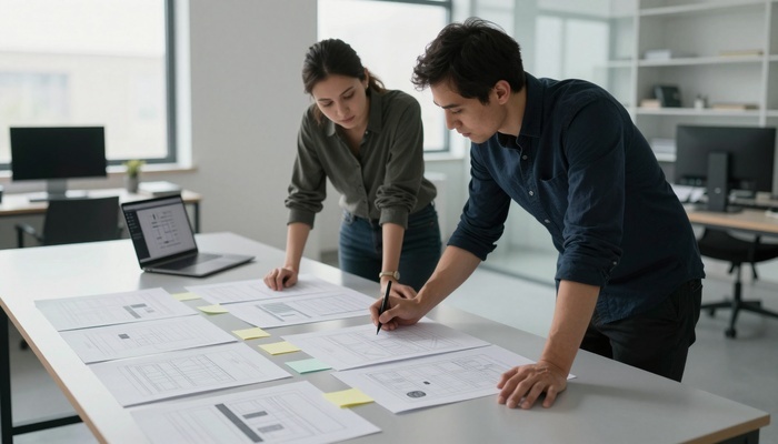 Designers examining website wireframes on a table | طراحان در حال بررسی وایرفریم‌های سایت روی میز