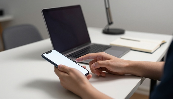 Hands entering details on a smartphone with a laptop and notebook beside it | دست‌هایی در حال وارد کردن اطلاعات روی گوشی با لپ‌تاپ و دفترچه کنار آن