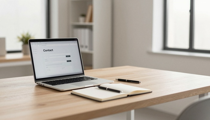 Laptop and notebook with a contact form screen in a tidy office | لپ‌تاپ و دفترچه با صفحه فرم تماس در دفتر مرتب