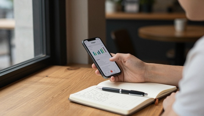 Business owner looking at Instagram analytics on a smartphone beside a notebook and pen | صاحب کسب‌وکار در حال دیدن آمار اینستاگرام روی گوشی کنار دفترچه
