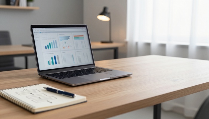 Laptop and notebook on desk showing analytics charts and site structure sketches for SEO-focused website design | لپ‌تاپ و دفتر روی میز با نمودارهای تحلیل و طرح ساختار سایت
