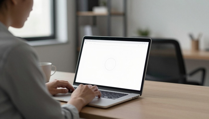 Person at a desk looking at a laptop with a mostly blank webpage and a loading indicator | فردی پشت میز به لپ‌تاپی با صفحه تقریبا خالی و نشان بارگذاری نگاه می‌کند