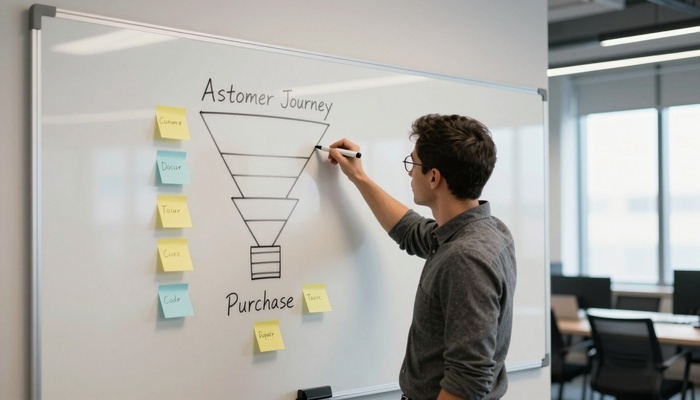 Person drawing a customer funnel diagram on a whiteboard in an office | فردی در حال کشیدن نمودار قیف فروش روی وایت‌برد در دفتر