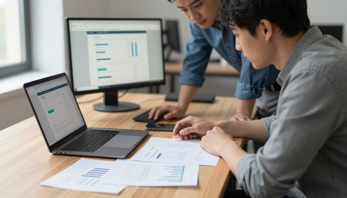 Team reviewing laptop mockups and charts | تیمی در حال بررسی ماکاپ‌های لپ‌تاپ و نمودارها