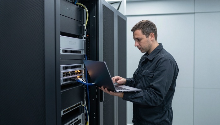 Technician working on network equipment and a laptop in a compact server room | تکنسین در اتاق سرور کوچک کنار تجهیزات شبکه و لپتاپ