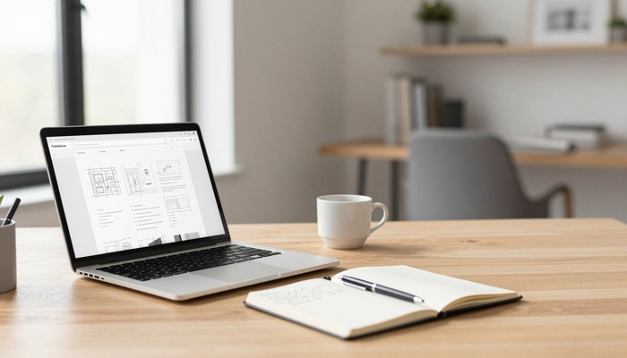 Laptop, notebook, and coffee on a tidy desk with website sketches | لپ‌تاپ، دفترچه و قهوه روی میز مرتب با طرح‌های سایت
