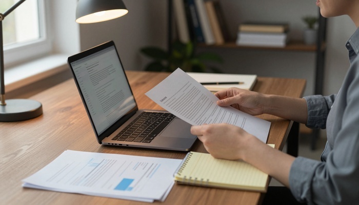 Analyst reviewing website content on laptop with notes and documents | تحلیل‌گر در حال بررسی محتوای سایت روی لپ‌تاپ با یادداشت و برگه‌ها