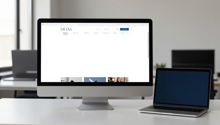 نمایشگر بزرگ با صفحه اصلی سایت و لپ‌تاپ روی میز | Large monitor showing a website homepage with laptop on desk