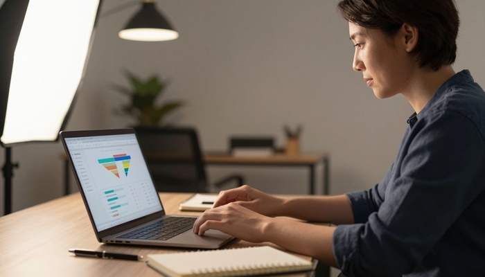Marketer reviewing website sales funnel analytics on a laptop screen in an office | بازاریاب در حال بررسی تحلیل قیف فروش سایت روی لپ‌تاپ در دفتر