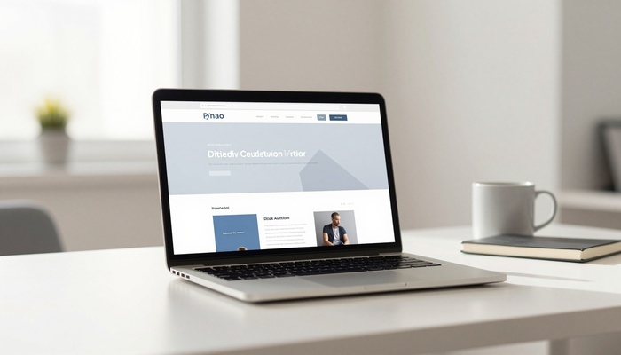 A laptop showing a clean minimal homepage layout with clear sections and plenty of whitespace on a desk | لپ‌تاپ با نمایش صفحه‌اول مینیمال و فضای خالی زیاد روی میز