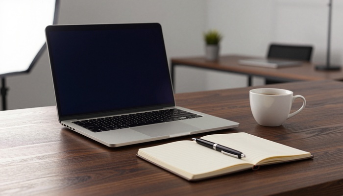 Desk with notebook, laptop, and coffee cup | میز با دفترچه، لپ‌تاپ و فنجان قهوه