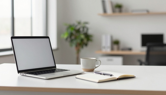 Laptop and notebook on a clean desk in a bright office with coffee cup and plant | لپ‌تاپ و دفترچه روی میز تمیز در دفتر روشن با فنجان قهوه و گیاه