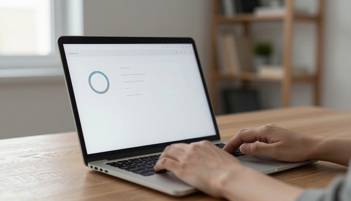 Hands on a laptop showing a slow-loading checkout page with a spinning loader icon | دستها روی لپتاپ با صفحه پرداخت در حال لود و آیکن چرخان انتظار