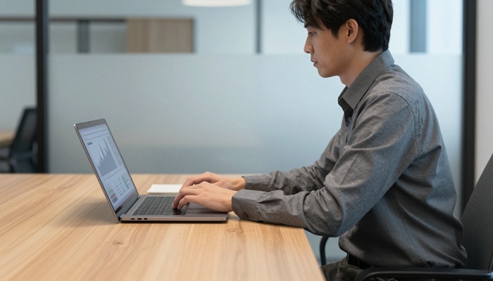 Analyst reviewing website dashboard on laptop in office | تحلیل‌گر در حال بررسی داشبورد سایت روی لپ‌تاپ در دفتر