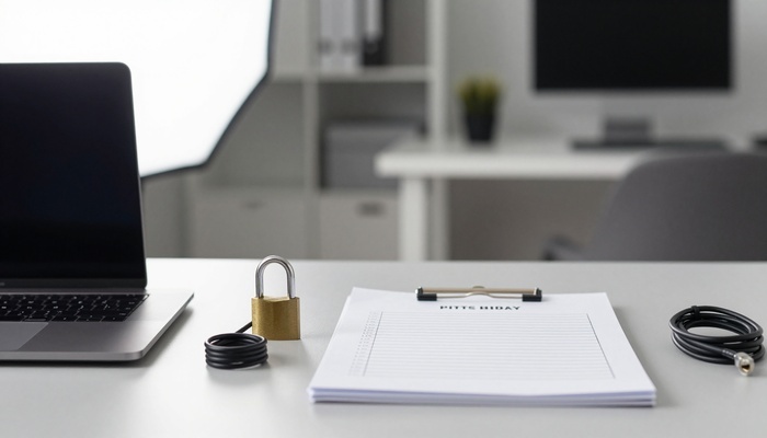 Laptop, checklist, and security lock on a desk | لپ‌تاپ، چک‌لیست و قفل امنیتی روی میز