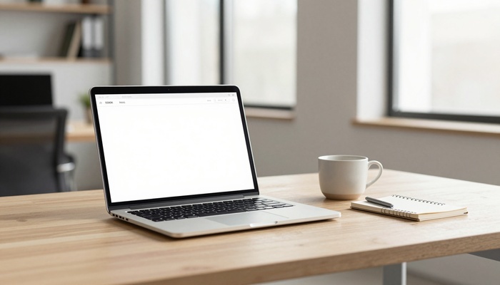 Laptop on a clean desk with a bright webpage layout and a coffee cup beside it | لپ‌تاپ روی میز تمیز با چیدمان روشن صفحه وب و یک فنجان قهوه کنار آن