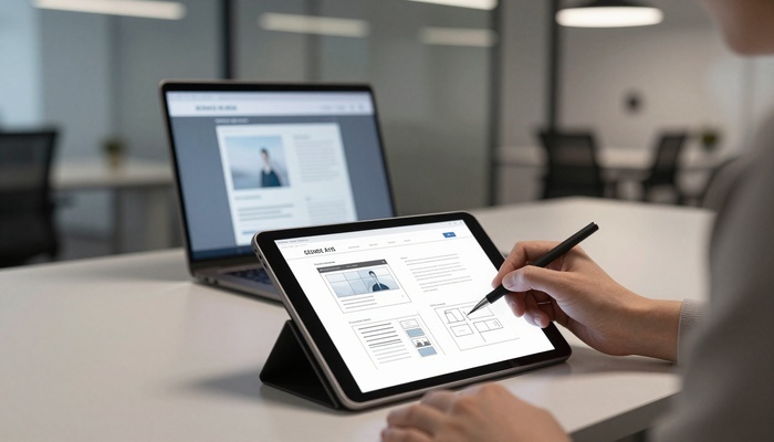 Designer sketching website wireframes beside a laptop in a modern office | طراح در حال ترسیم وایرفریم سایت کنار لپتاپ در دفتر مدرن