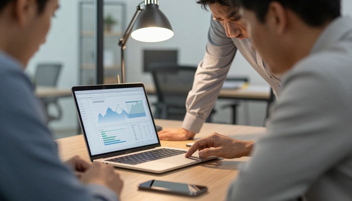Two people leaning over a desk with a laptop showing charts and a smartphone beside it | دو نفر روی میز خم شده‌اند و لپ‌تاپی با نمودارها و یک گوشی کنار آن دیده می‌شود