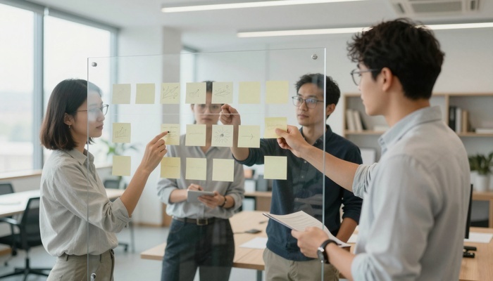 Team members around a board with notes | اعضای تیم دور یک تخته با یادداشت‌ها
