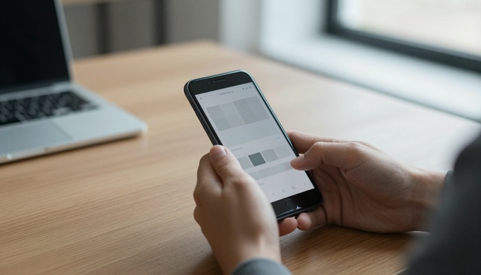 Person holding a smartphone showing a fast-loading product page in a modern workspace | فردی با گوشی در حال مشاهده صفحه محصول در فضای کاری مدرن