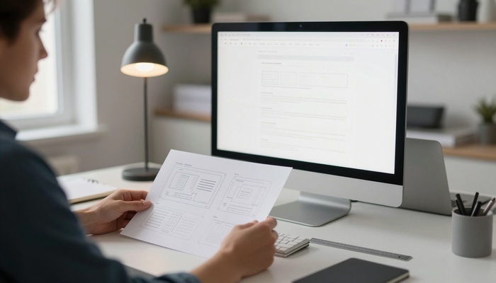 Designer studying website wireframes on a large monitor | طراح در حال بررسی وایرفریم‌های سایت روی مانیتور بزرگ