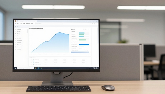 Computer screen with analytics charts and checklist on desk | نمایشگر رایانه با نمودارهای تحلیلی و چک‌لیست روی میز