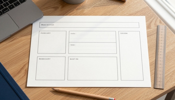 Paper wireframe on desk showing H1 H2 page sections and navigation layout for SEO-focused website design | وایرفریم کاغذی روی میز با بخشبندی هدینگ و منوی سایت