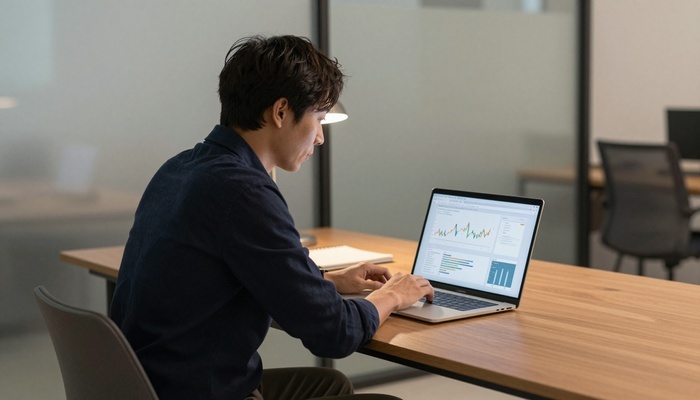 Business owner looking at a laptop with charts | صاحب‌کسب‌وکار در حال نگاه به لپ‌تاپ با نمودارها