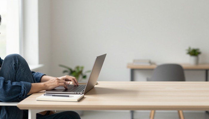 Person reading an article on a laptop at a minimalist desk by a window | فردی در حال خواندن مقاله روی لپ‌تاپ در میز مینیمال کنار پنجره