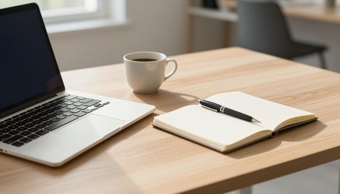 Laptop, notebook, and coffee cup on desk | لپ‌تاپ، دفترچه و فنجان قهوه روی میز