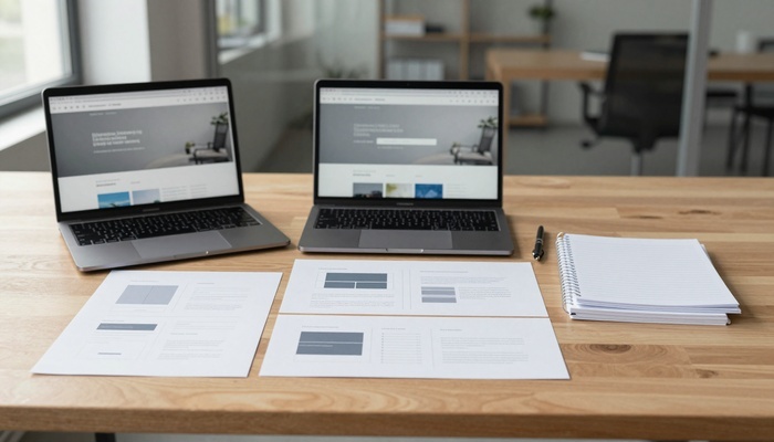 Designer reviewing website wireframes on a desk | طراح در حال بررسی وایرفریمهای سایت روی میز