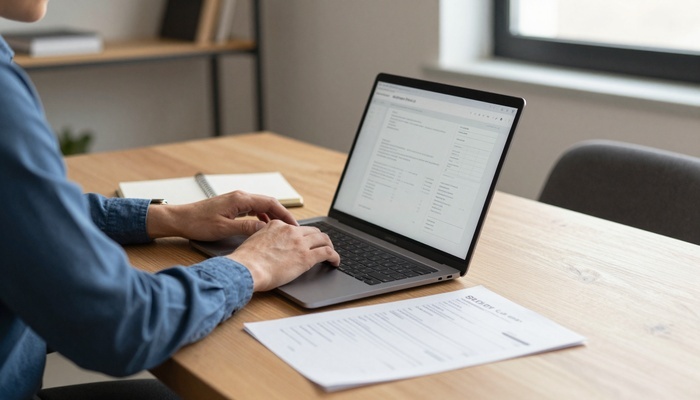 Person looking at laptop screens with wireframe sketches and printed invoices on a desk | فردی کنار لپتاپ و برگههای هزینه روی میز