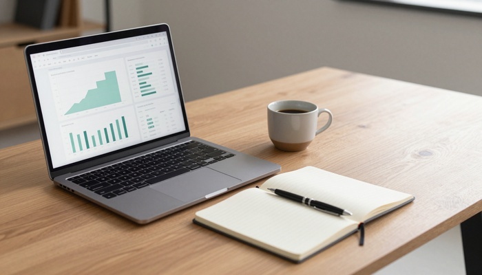 Laptop showing an analytics dashboard next to a notebook and coffee cup on a tidy desk | لپ‌تاپ با داشبورد تحلیل کنار دفترچه و فنجان قهوه روی میز مرتب