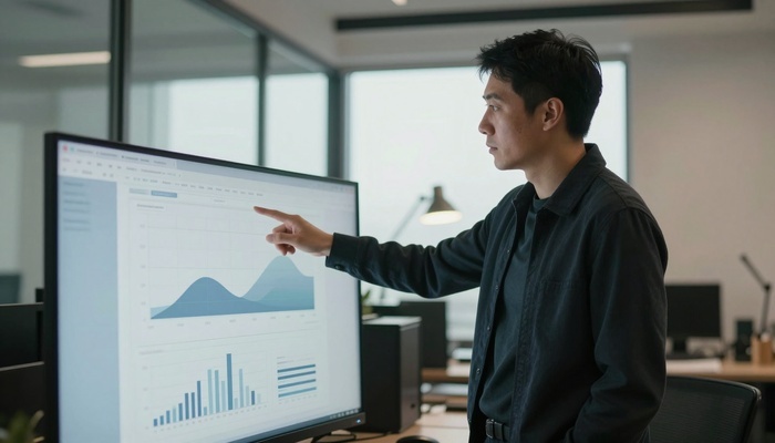 Analyst pointing at charts on a large monitor | تحلیلگر در حال اشاره به نمودارها روی مانیتور بزرگ