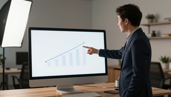 Consultant pointing at dashboard on screen | مشاور در حال اشاره به داشبورد روی نمایشگر