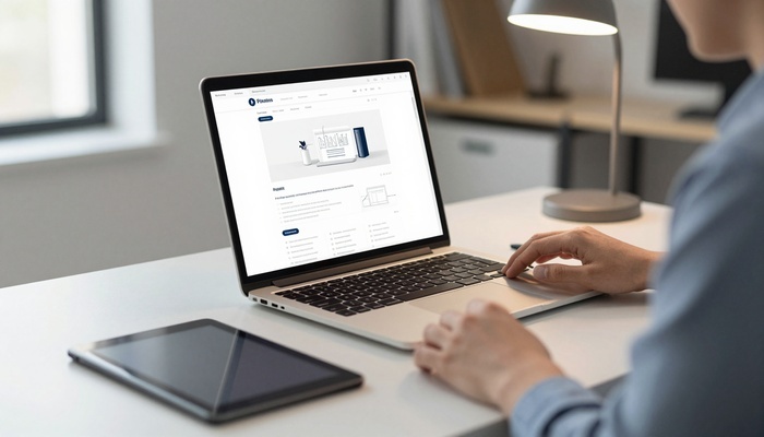 Designer at a desk checking website mockups on a laptop | طراح پشت میز در حال بررسی ماکاپ‌های سایت روی لپ‌تاپ