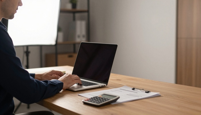 Business owner looking at laptop beside notebook and calculator on a desk | صاحب کسب‌وکار کنار لپ‌تاپ، دفتر یادداشت و ماشین‌حساب روی میز