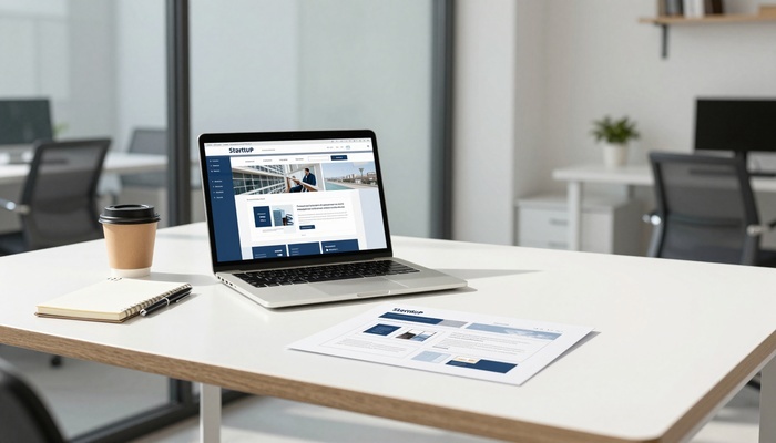 Desk with laptop, notebook, and coffee beside website mockup sketches | میز با لپ‌تاپ، دفترچه و قهوه کنار طرح‌های اولیه سایت