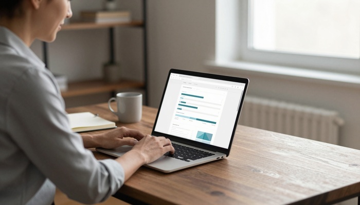 مردی پشت میز با لپ‌تاپ باز و نمودارهای ساده روی صفحه | Man at a desk with an open laptop and simple charts on screen
