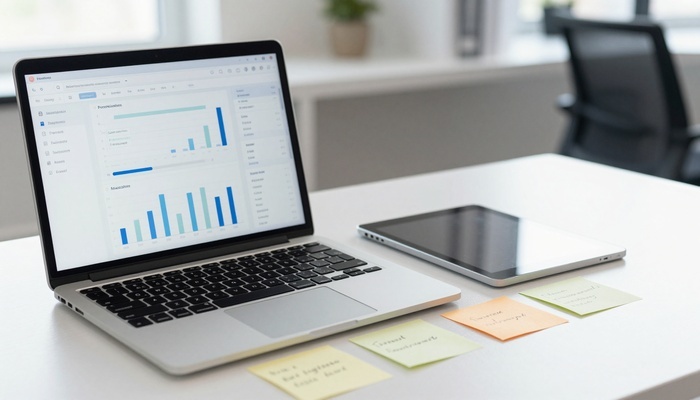 Laptop showing charts beside sticky notes and tablet | لپ‌تاپ با نمودارها کنار یادداشت‌های چسبی و تبلت